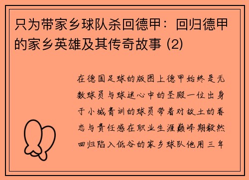 只为带家乡球队杀回德甲：回归德甲的家乡英雄及其传奇故事 (2)