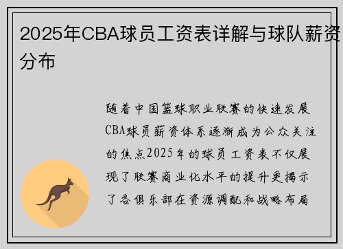 2025年CBA球员工资表详解与球队薪资分布